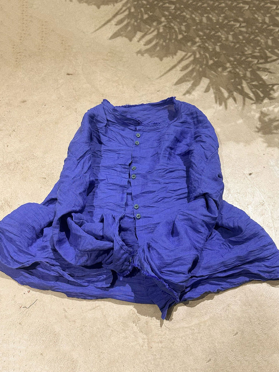 Blouse Vintage Women Collar Stand Ramie Solid Loose