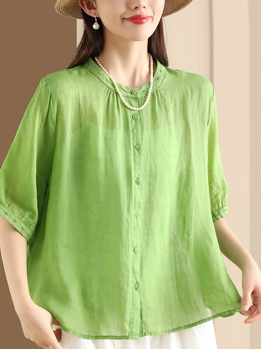 Women Summer O-Neck Embroidery Button-up Ramie Shirt PP1035