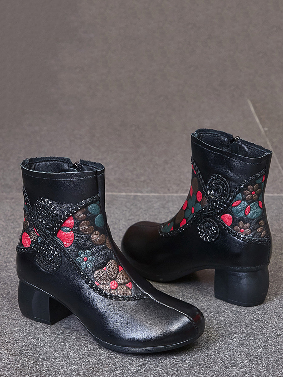 Women Ethnic Winter Flower Spliced Leather Mid-Heel Boots AI1013