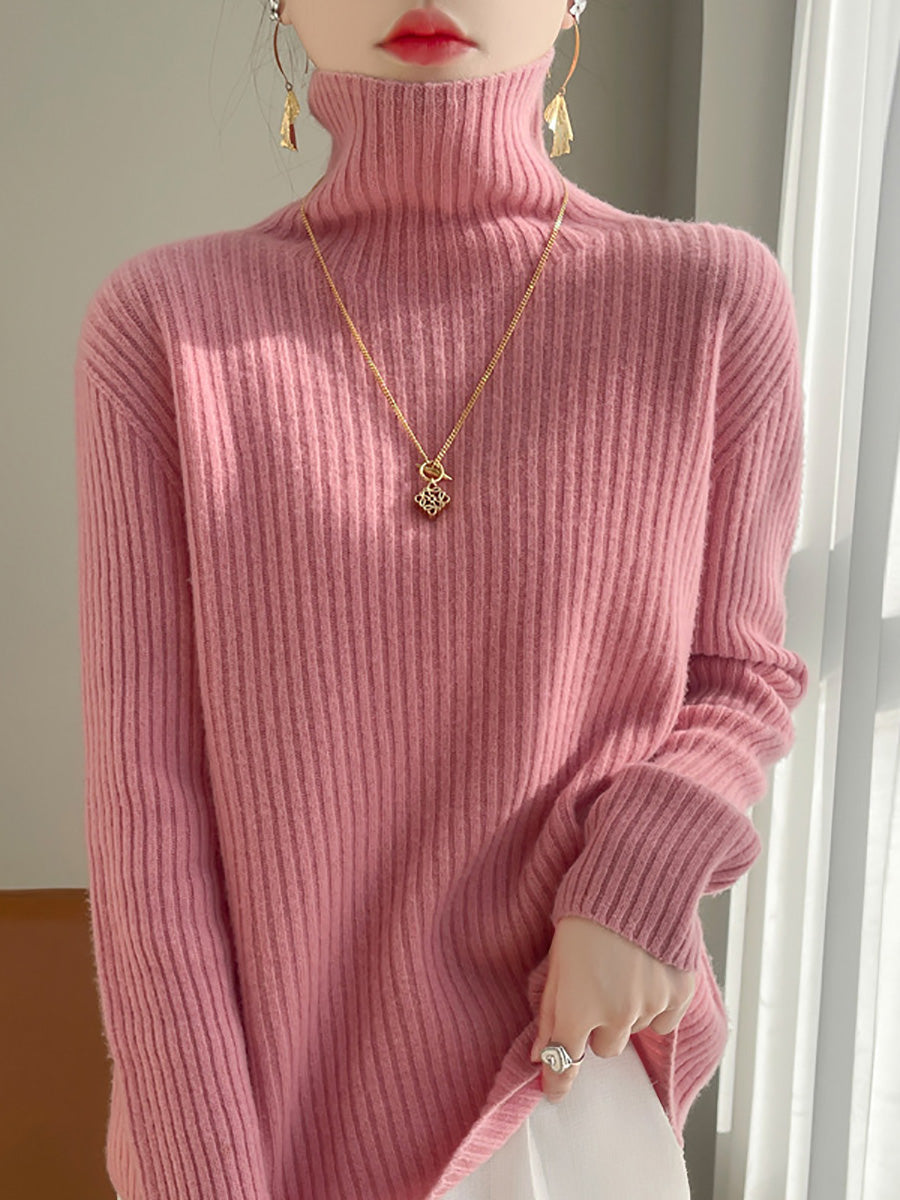 Women Autumn Casual Solid Turtleneck Wool Knit Sweater AX1086