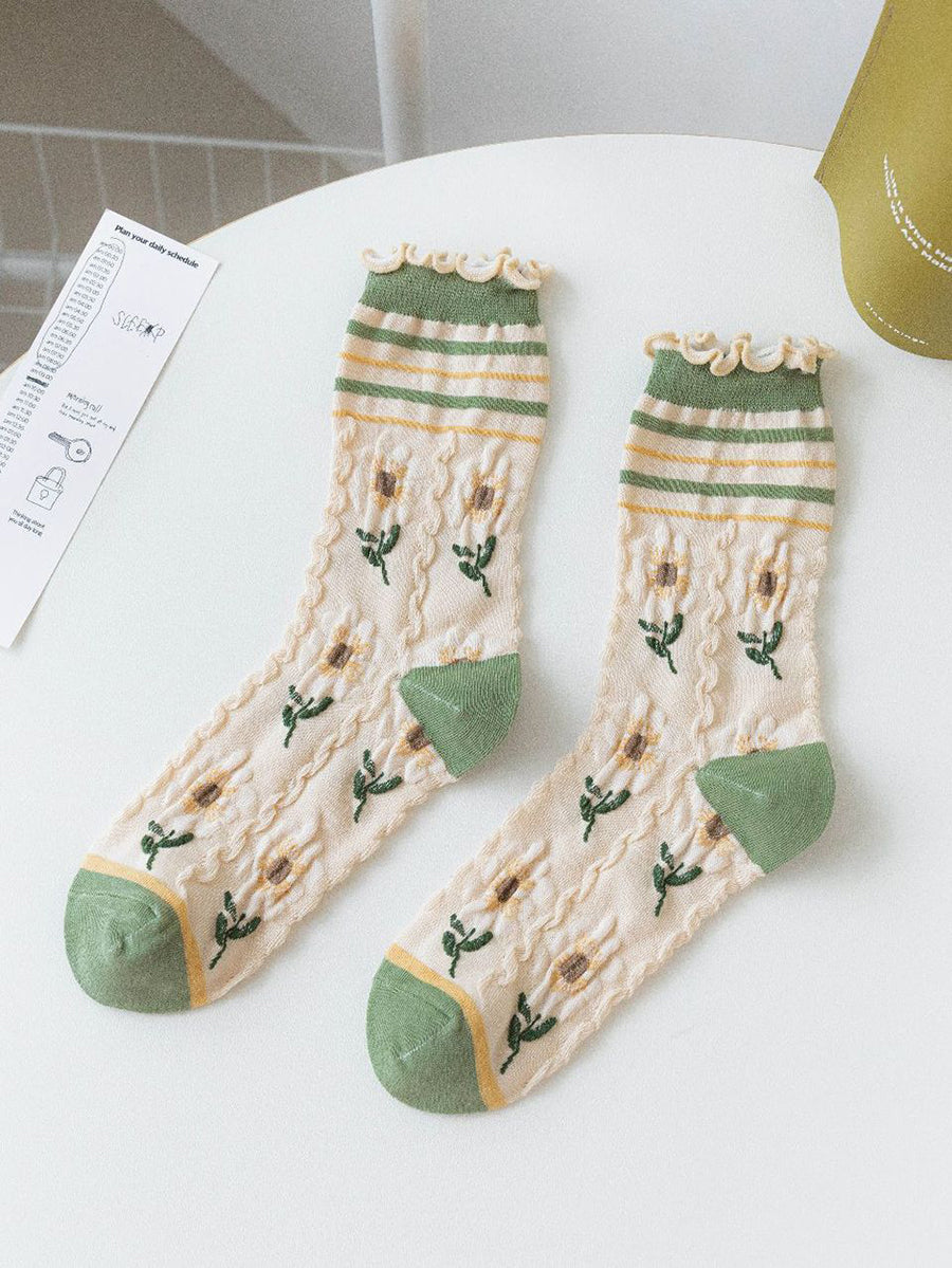 5 Paar Damen Artsy Flower Grüne Wadensocken IO1011