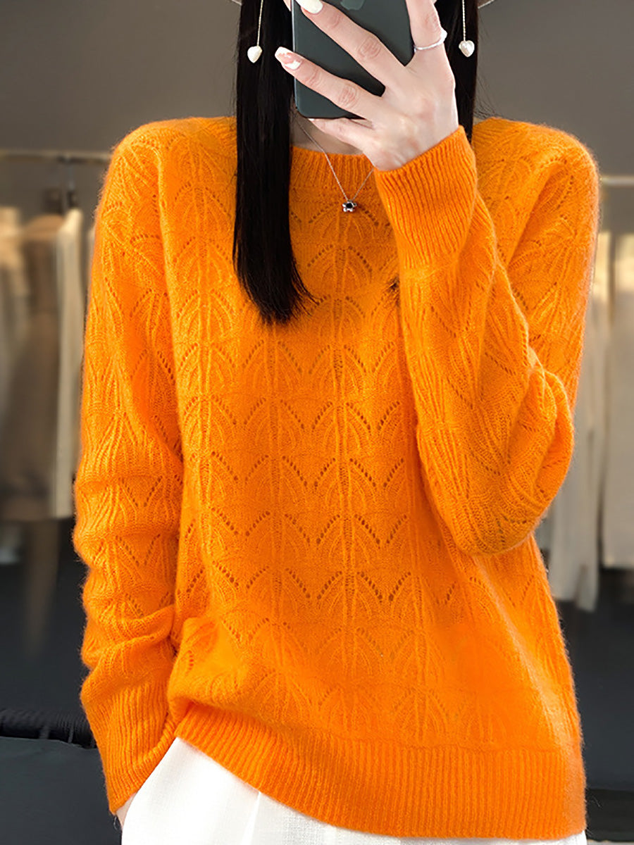 Women Autumn O-Neck Wool Hollow Out Knit Sweater AX1078