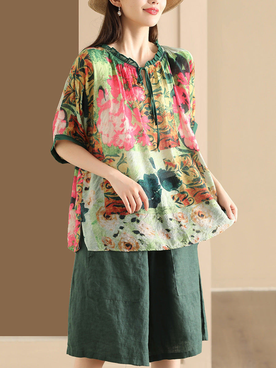 Women Summer Artsy Print Strap Loose Linen Shirt HH046