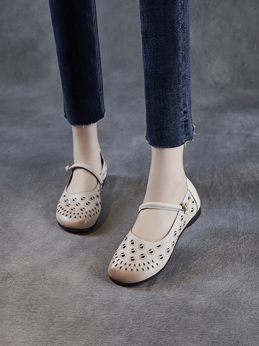 Leather Heel Summer Low Women Shoes Genuine Out Hollow