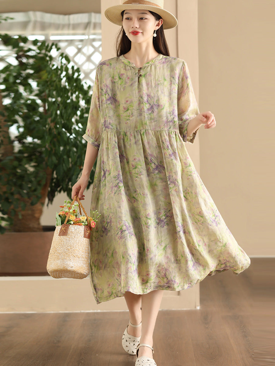 Women Summer Artsy Floral V-Neck Loose Ramie Dress LL020