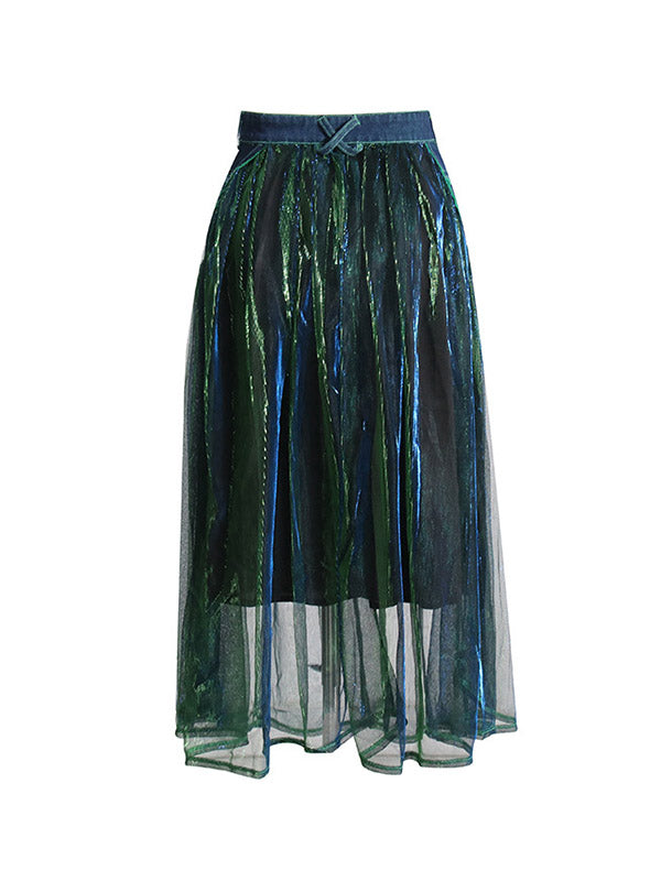 Stylish Denim With Belted Patchwork Blue Green Tulle A-Line Skirt TT1038