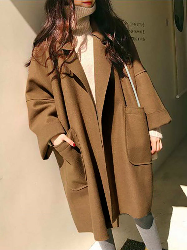 Elegant Loose Khaki Notched Collar Buttoned Pockets Long Sleeves Woolen Coat WS013