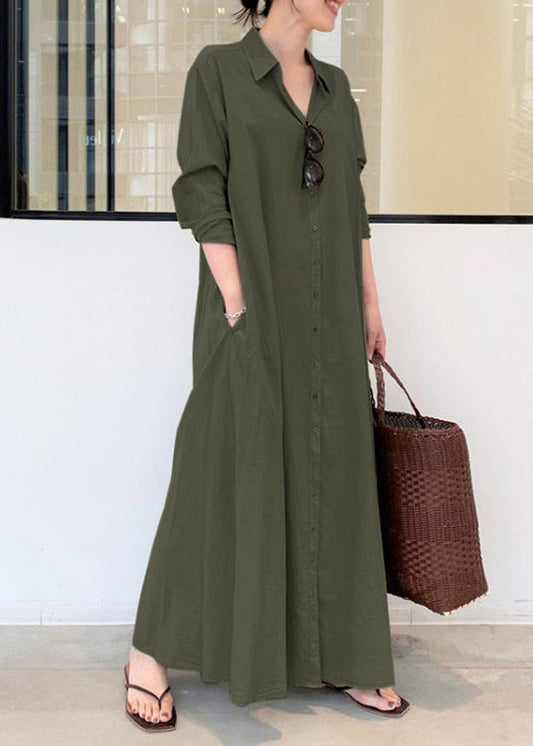 Spring Vintage Robe Dresses Green Army Cotton Oversized