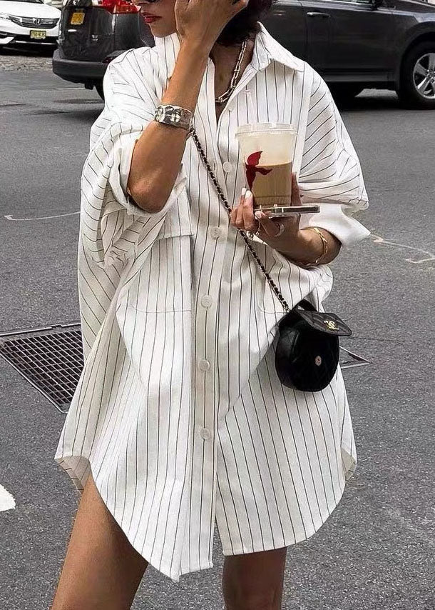 Peter White Collar Spring Oversized Cotton Shirts Striped Pan