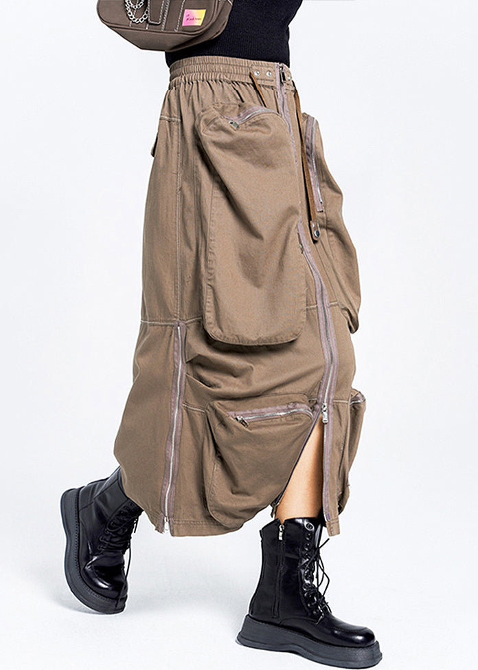 Loose Skirt Zippered Waist Pockets Cotton Elastic Summer Brown