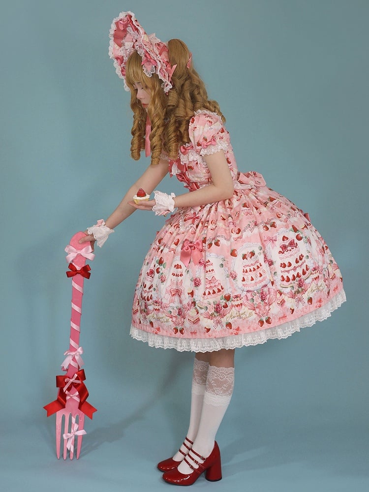 Strawberry Lolita Pink Bow Set Dress Print Cake Full Sweet Accents /