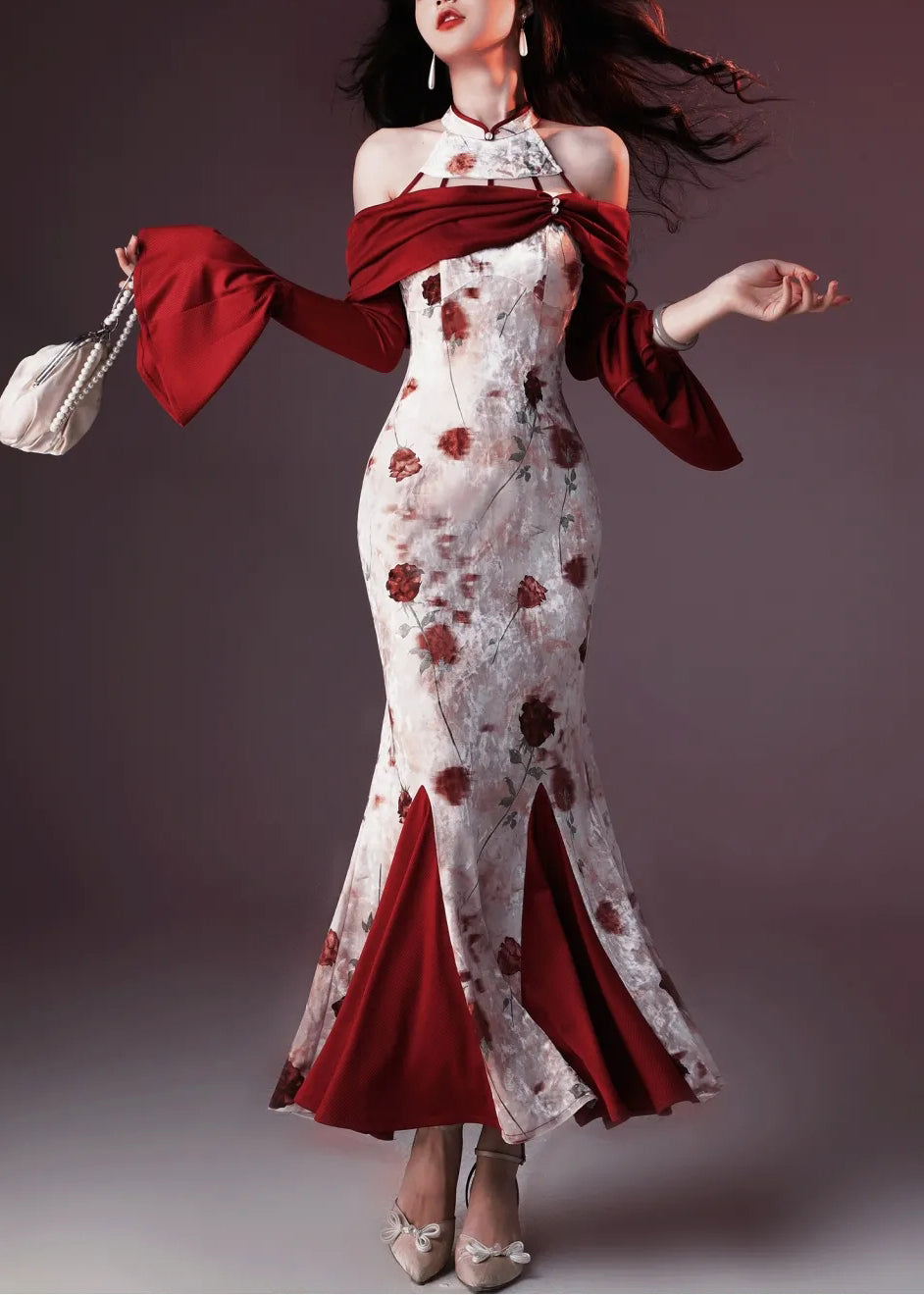 Fishtail Flare Chic Velvet Dresses Silk Red Print Patchwork
