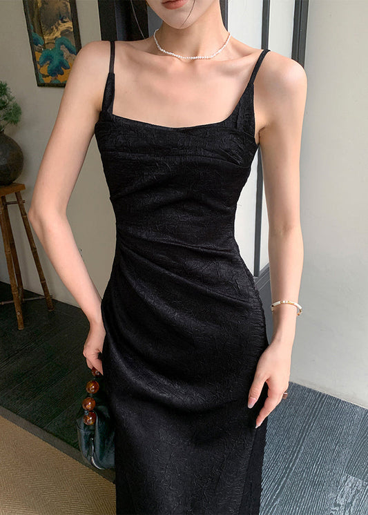 Boutique Black Slim Fit Silk Spaghetti Strap Dress Sleeveless EE048