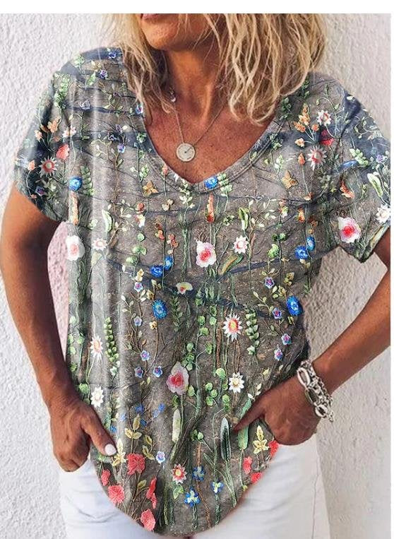 Lockeres, lässiges T-Shirt mit Blumenmuster UU53