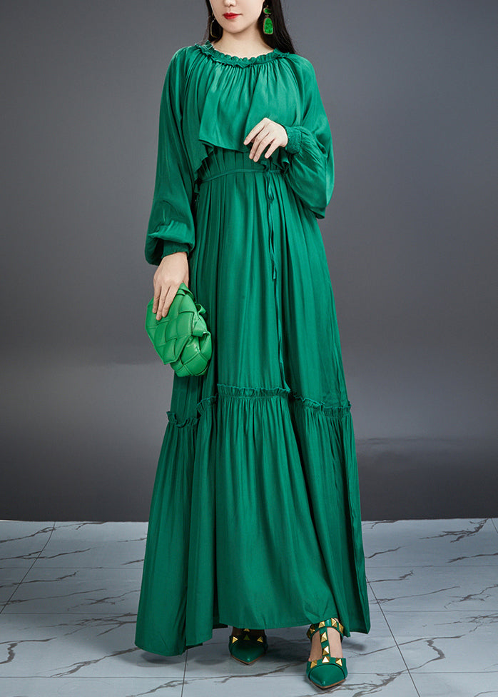 Italian Green Ruffled Pockets Tie Waist Cotton Maxi Dress Fall AJ1028