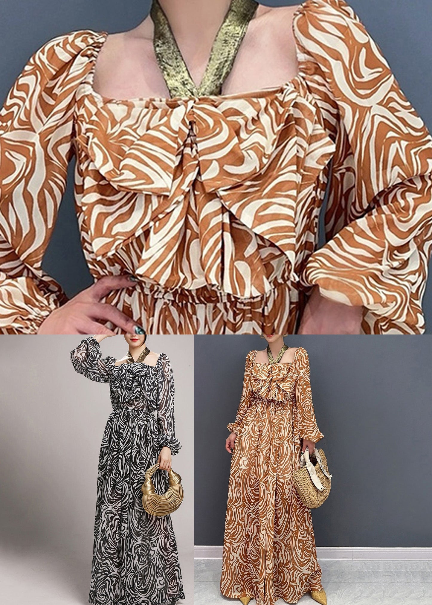 Combinaison en mousseline de soie froissée à imprimé café fantaisie à manches longues AO1045