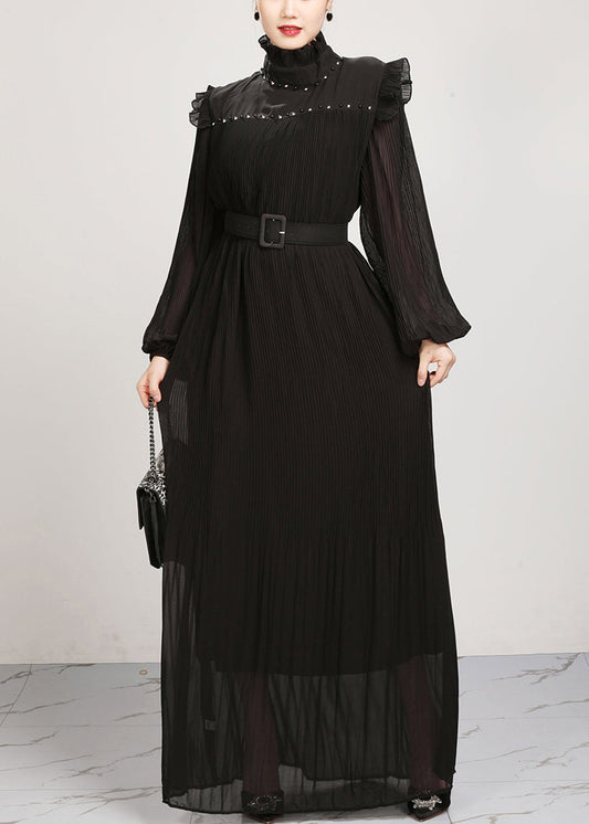 French Black Ruffled Solid Chiffon Maxi Dresses Fall AR1038