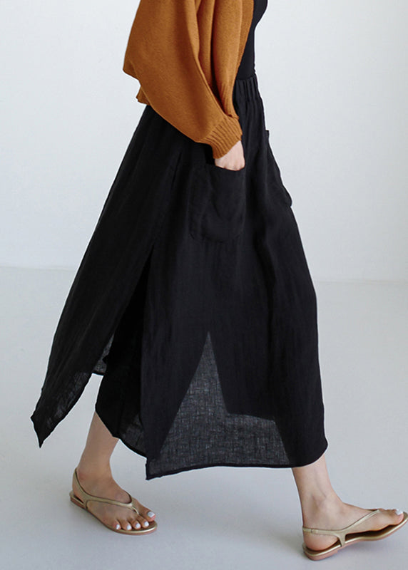 Summer Black Open Skirt Pants Simple Side Linen