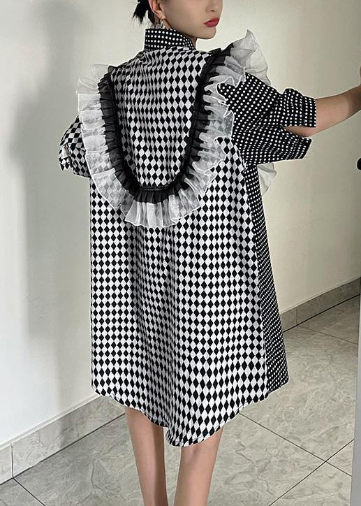 Loose Plaid Asymmetrical Ruffled Cotton Shirts Dresses Summer