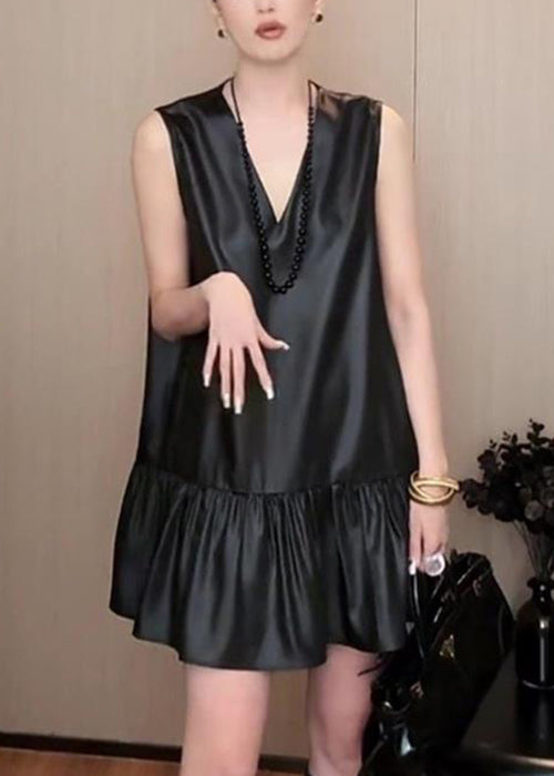 New Black V Neck Solid Silk Mid Dress Sleeveless QP033