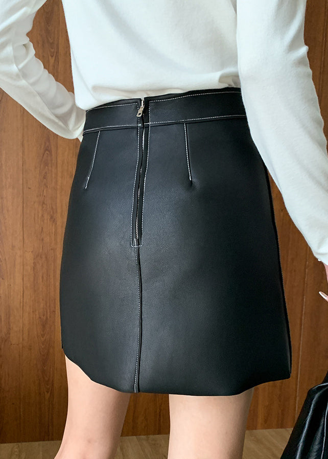 Original Design Black Patchwork Faux Leather Skirt Fall WD004