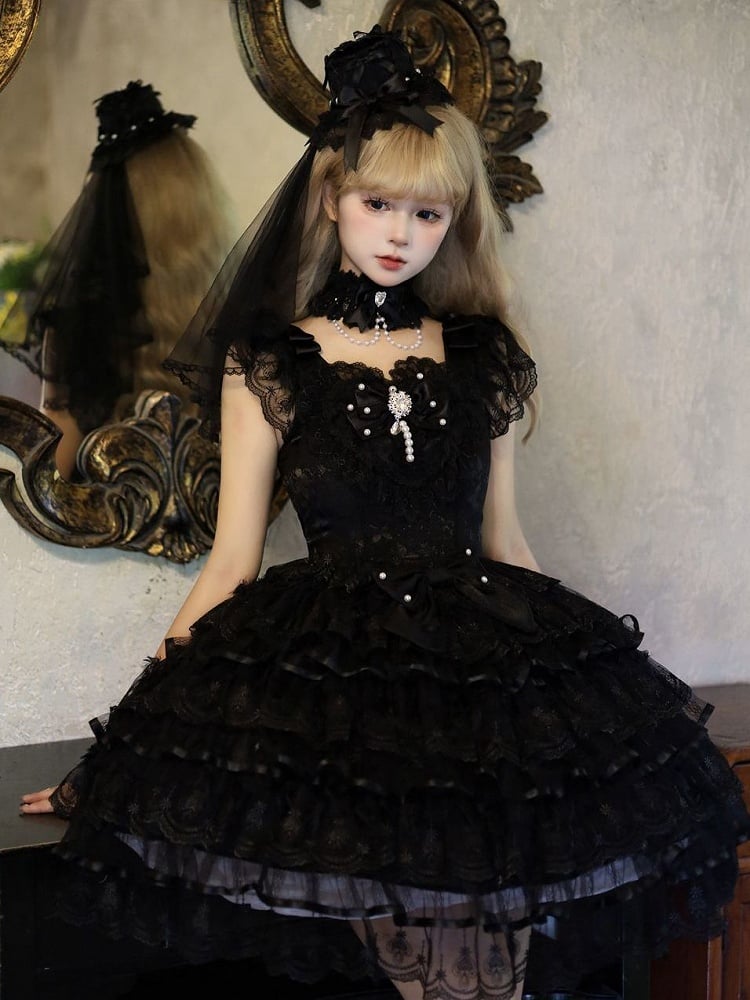 Dress Fabric Tiered Hime Hanayome Lolita Bodice Butterfly All Skirt Black