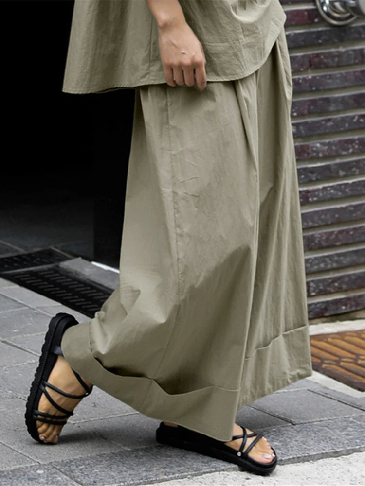 Waist Wide-Leg Pants Organic Elastic Khaki