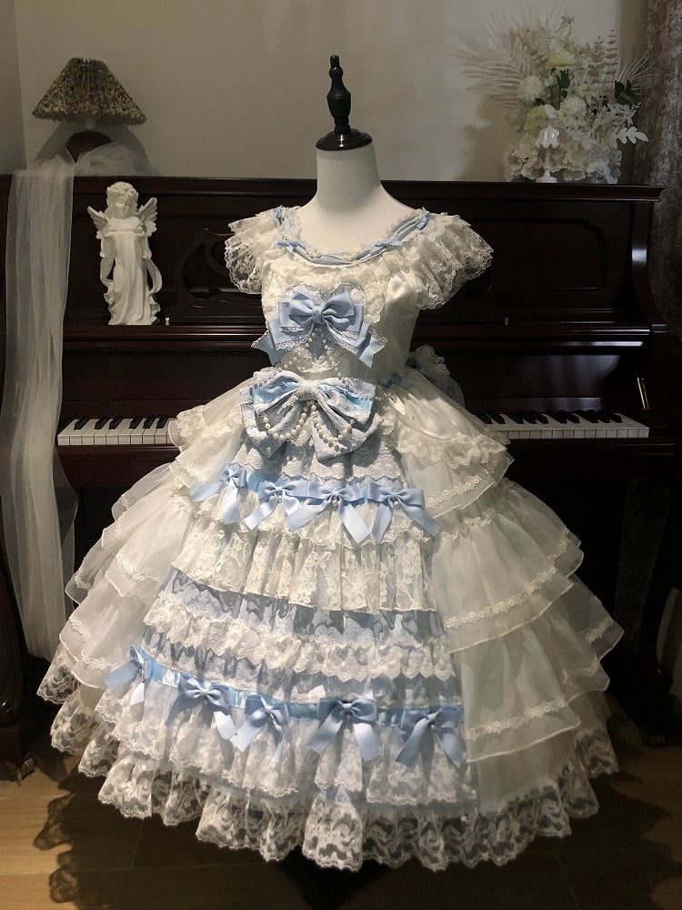 Set Hanayome JSK Dress Bows Decoration Full Blue White Skirt Tiered Hime Lolita and