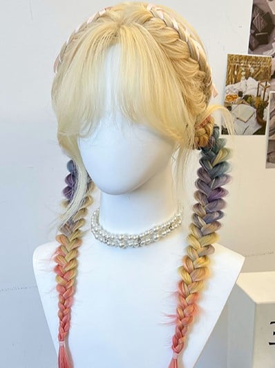 Wig + Yellow Rainbow With Ponytails Curtain Synthetic Double Bangs Braided