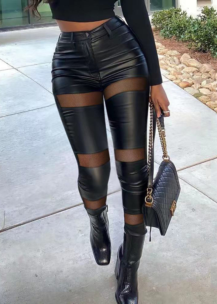 Black Leather Vintage Faux Pants Patchwork Spring Tummy Control