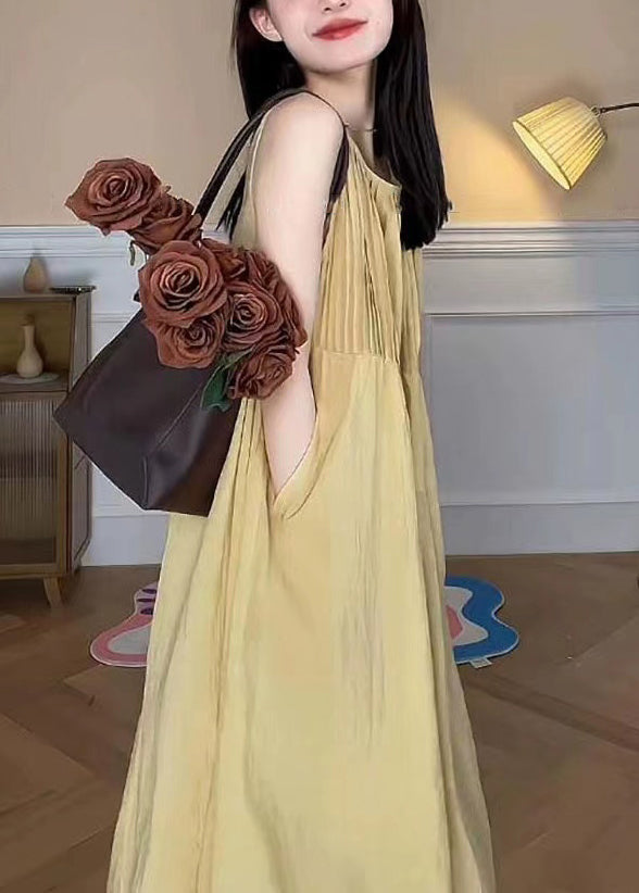 Elegant Yellow O Neck Pockets Cotton Long Dress Sleeveless TT1048