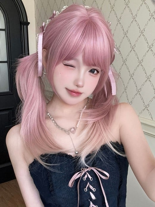 Ombre 68CM Wig Bangs Length Straight Hair Air Pink Color With