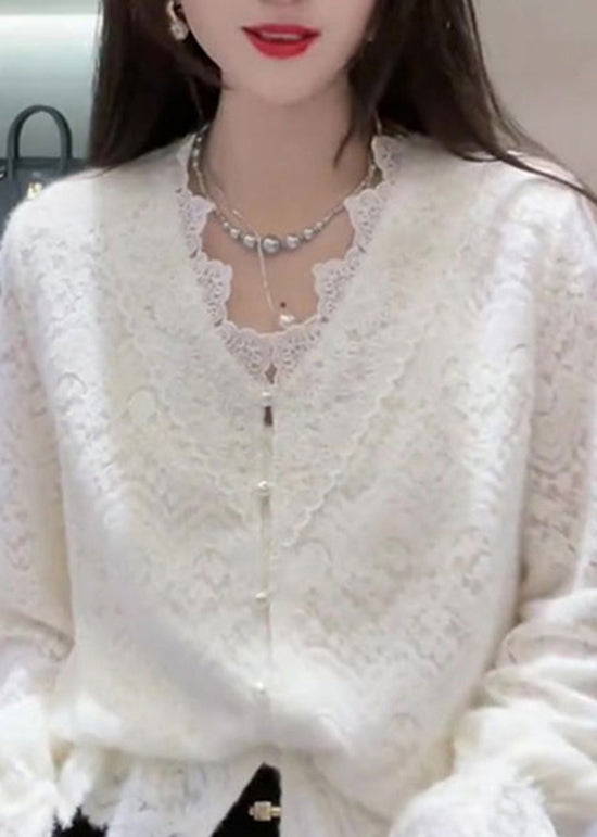 White Spring Lace Neck V French Patchwork Top
