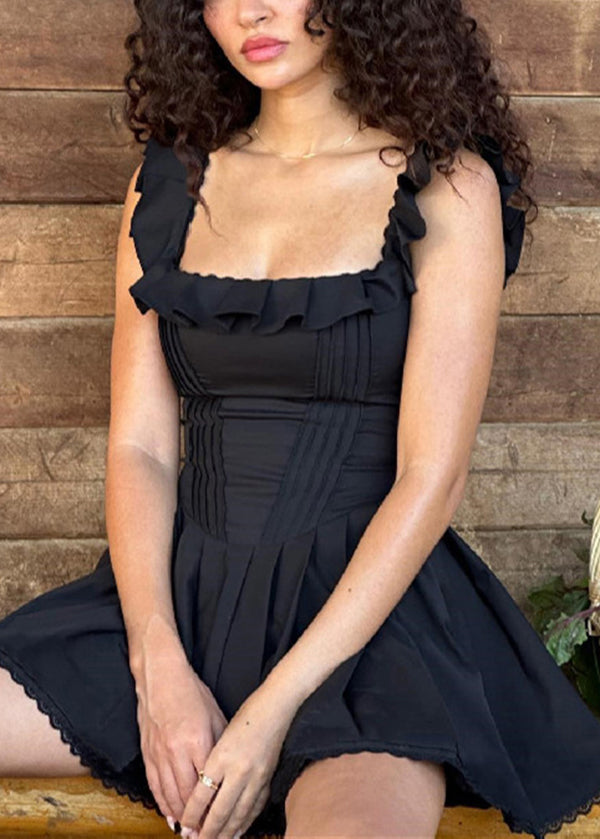 American Ruffled Strap Style Summer Dress Black Spaghetti