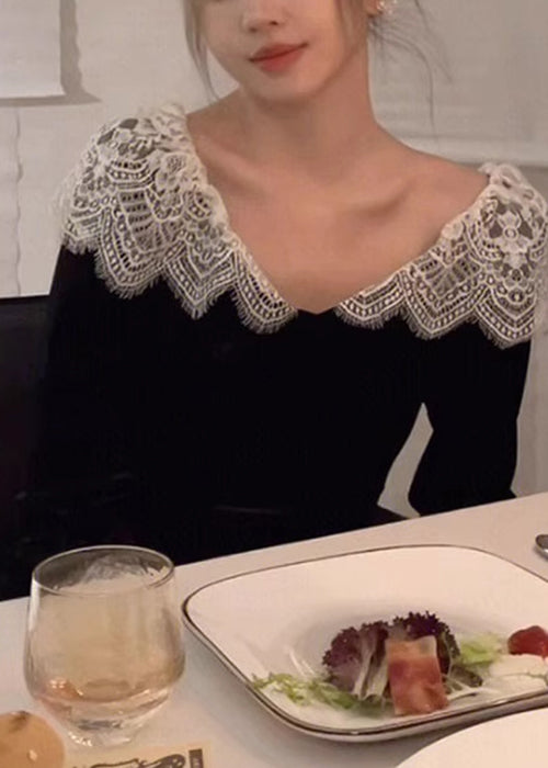 Neck Black V Velvet French Silk Patchwork Dresses Lace Spring