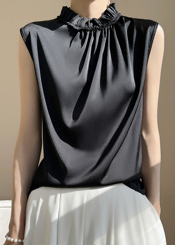 Women Black Ruffled Solid Silk Tank Sleeveless TT1002