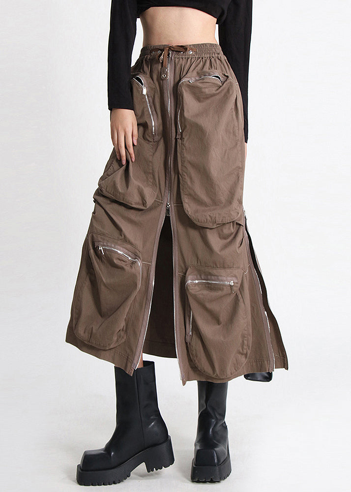 Loose Skirt Zippered Waist Pockets Cotton Elastic Summer Brown