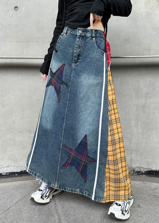High Patchwork Spring Yellow Denim Button Skirts Plaid Waist