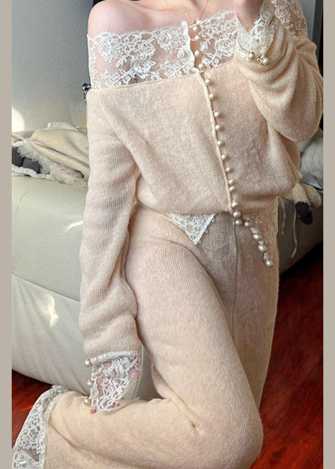 Suit Patchwork Lace Knit Fine Piece Neck Slash Apricot Set Two