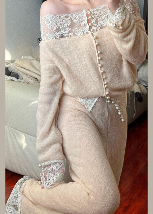 Suit Patchwork Lace Knit Fine Piece Neck Slash Apricot Set Two