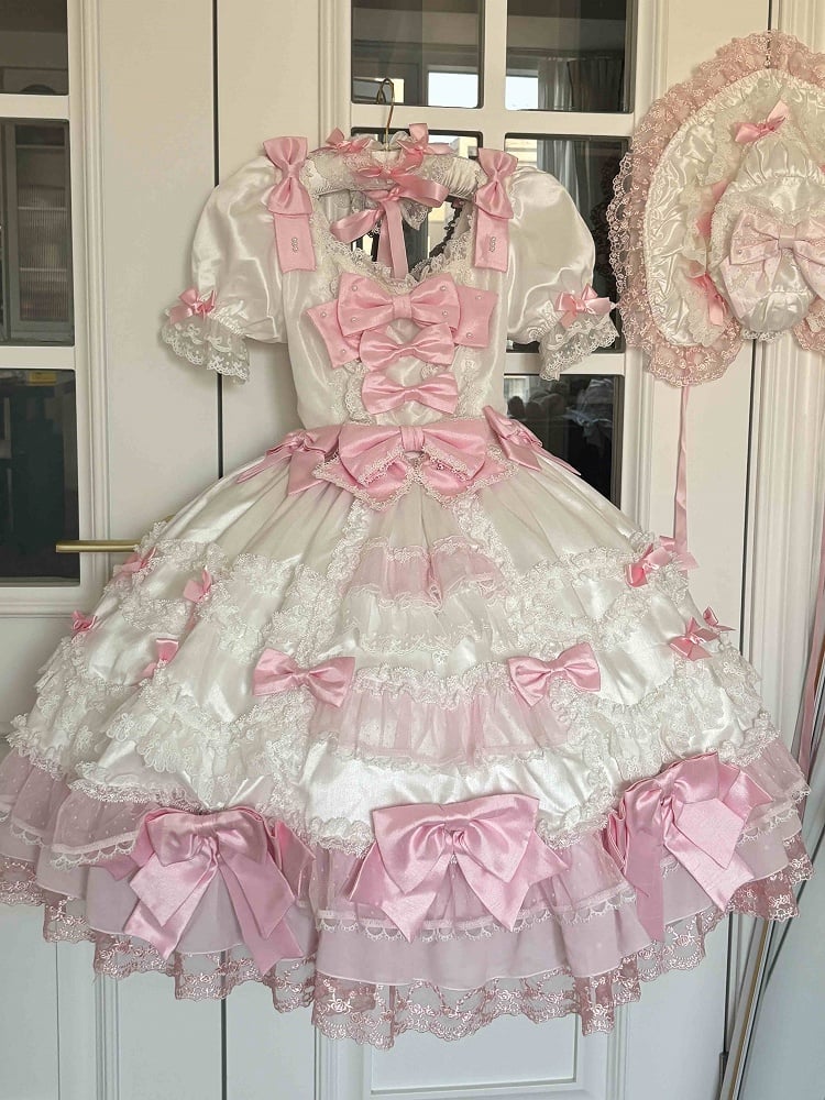 Dress Sweet Princess Pink Lolita with Detachable Bow Accents Sleeves Waist High White