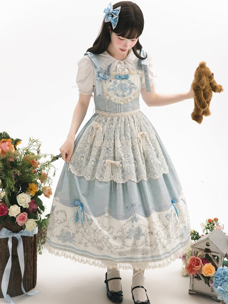 Skirt and Print Titmouse Jumper Blue Floral Lolita