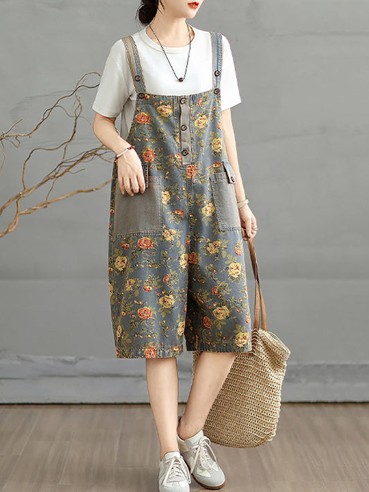 Women Flower Denim Jumpsuits Artsy Short Summer