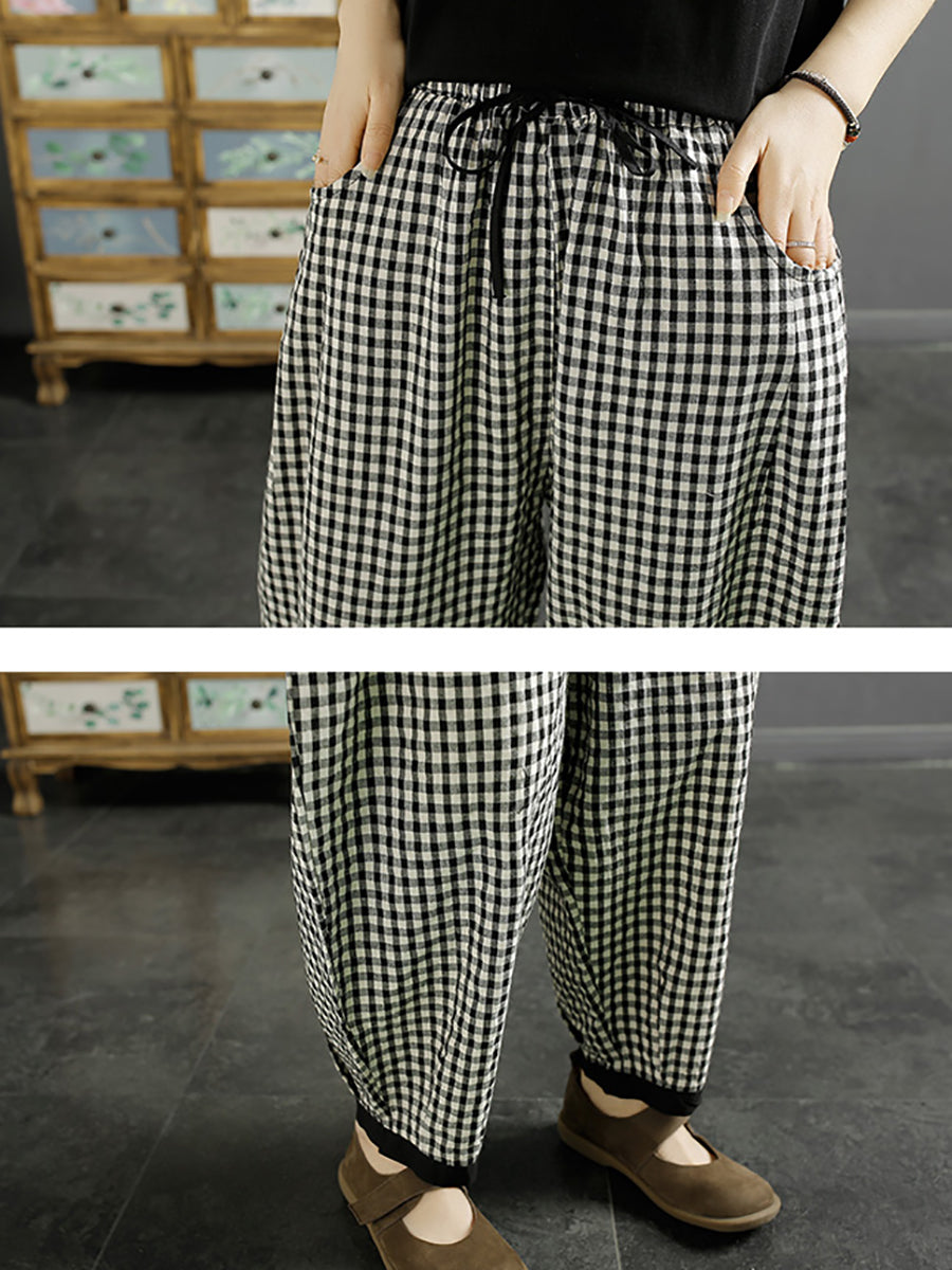 Women Vintage Plaid Summer Cotton Harem Pants QW1044