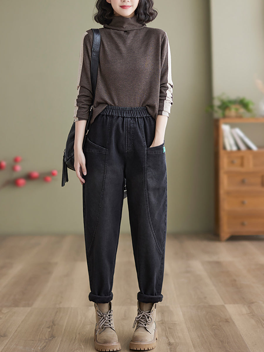 Women Autumn Vintage Solid Fleece-lined Harem Pants QN025