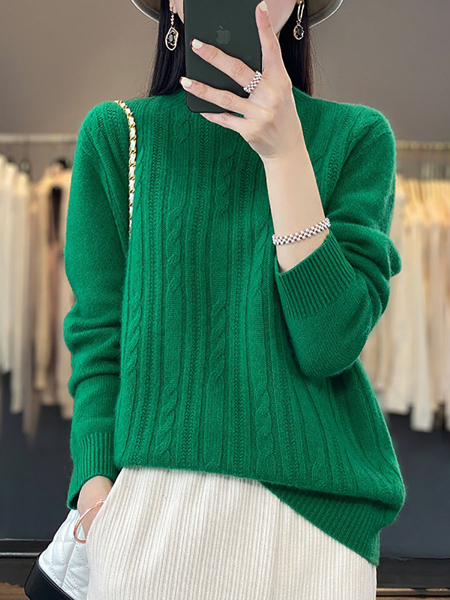 Women Autumn Solid Cable Knit 100%Wool Half Turtleneck Sweater QN027