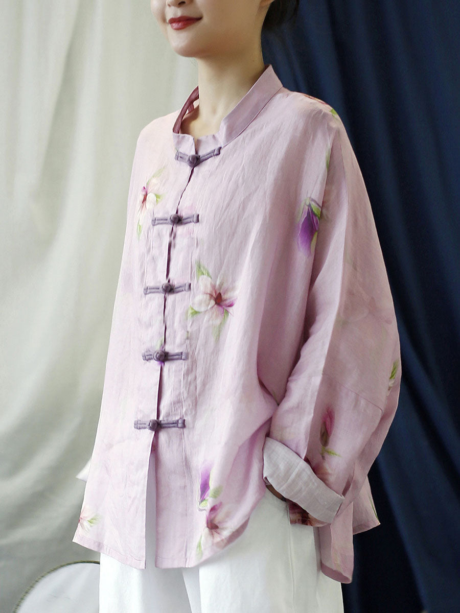 Plus Size Women Vintage Flower Pink Spring Ramie Shirt Coat PP1051