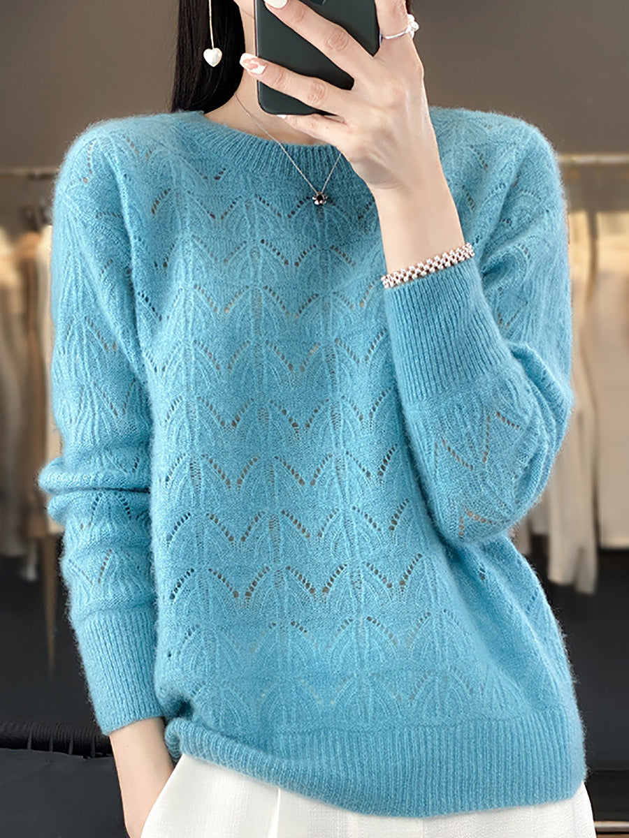 Women Autumn O-Neck Wool Hollow Out Knit Sweater AX1078