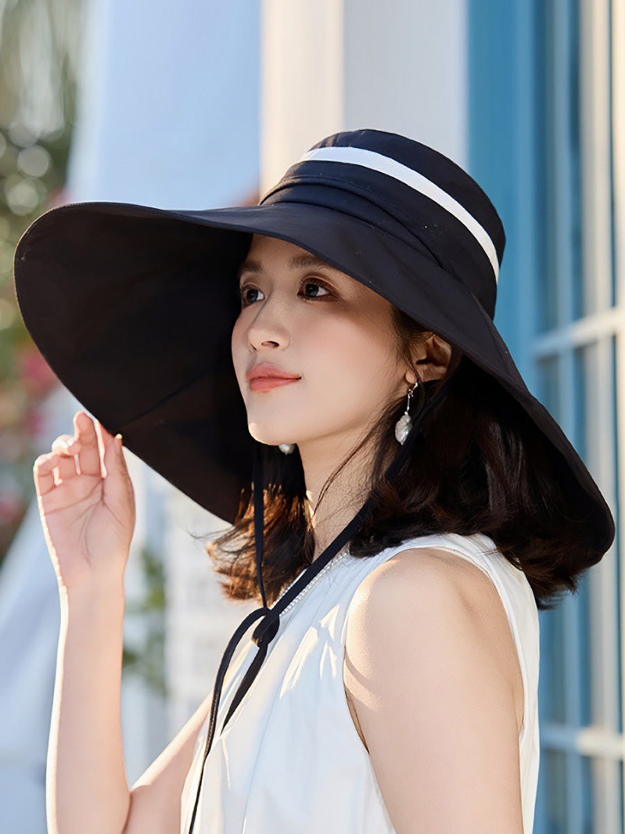 Brim Large Hat Sunproof Casual Stripe Women