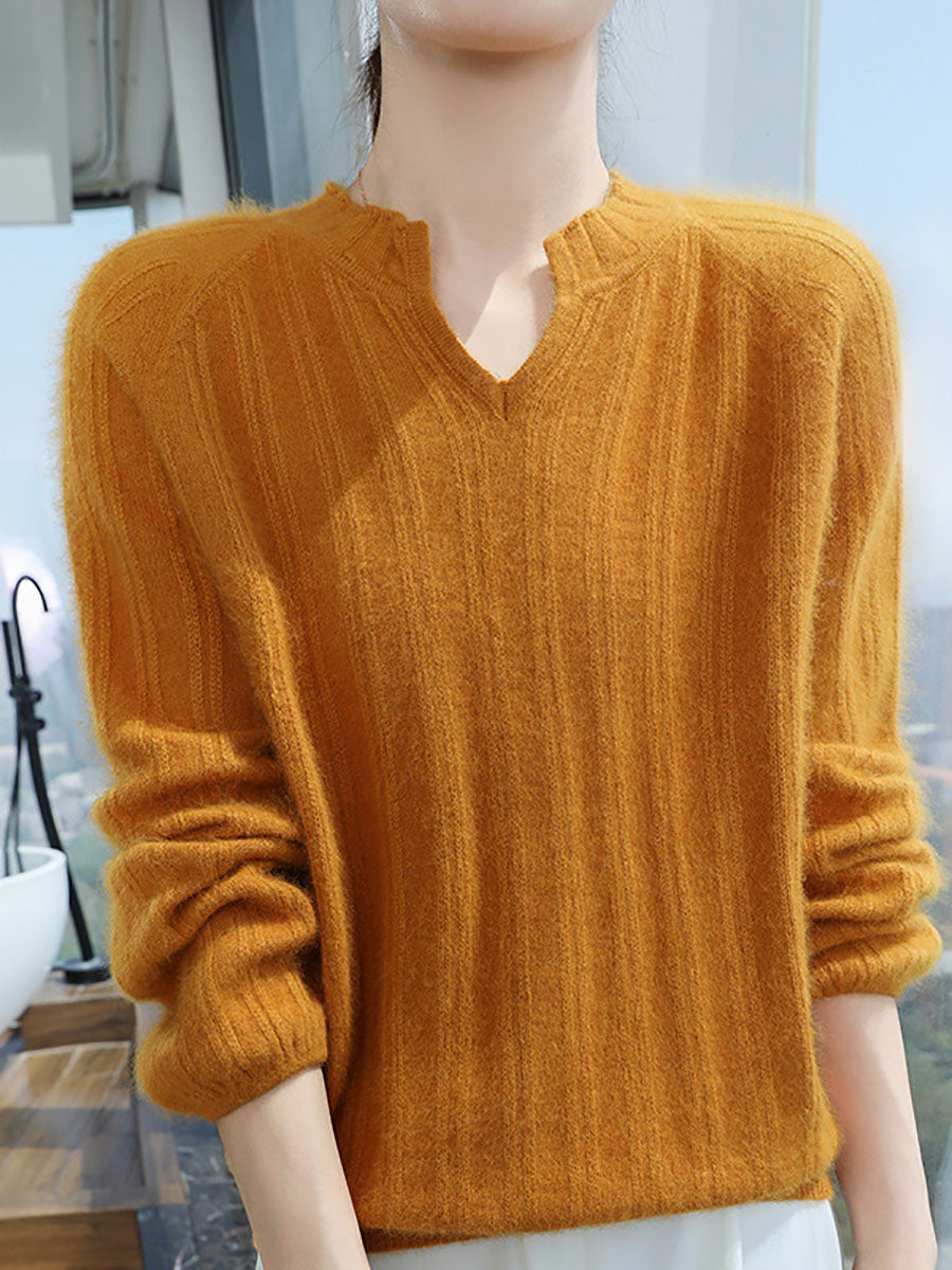 Women Autumn V-Neck Solid Wool Warm Knit Sweater AV1013